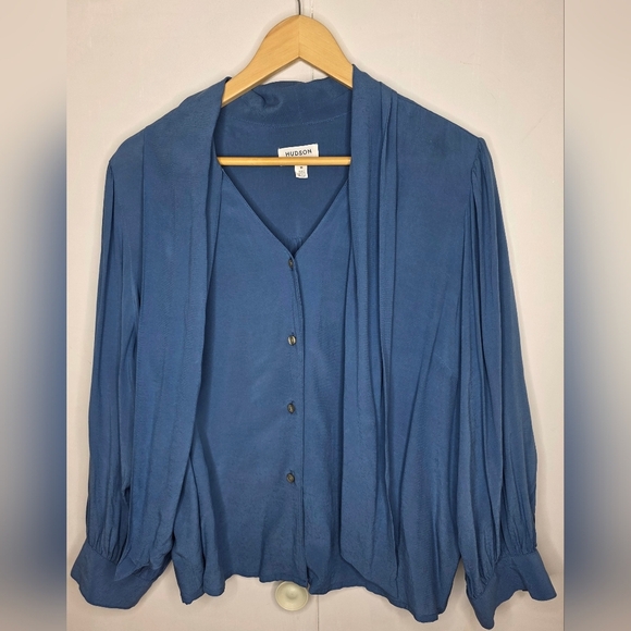 Hudson North Blue Rayon, Button,  Pleated Blouse With Wide Tied Collar 1X - Picture 4 of 10